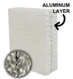 Angled view of Natural-Breeze humidifier filter showing pleated paper wick structure for efficient moisture absorption, heavy duty aluminum layer 